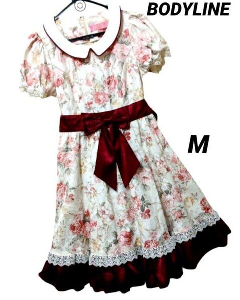 美品 ボディライン BODYLINE ロリータ ロリィタ 花柄 レース リボン フリル パフスリーブ ワンピース コスプレ M