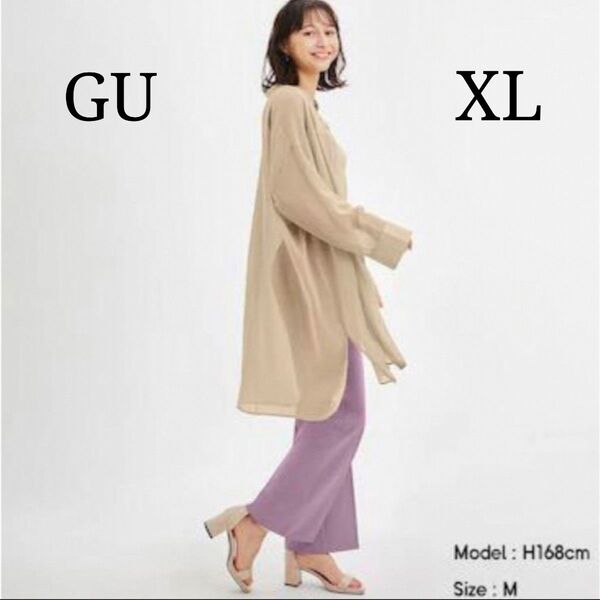【GU】ジーユー (XL) シアーバンドカラーロングシャツ 長袖