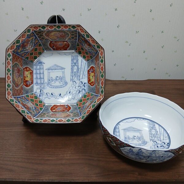 有田焼 古伊万里 栄峰窯 八角鉢 &丸鉢 大鉢 相撲絵