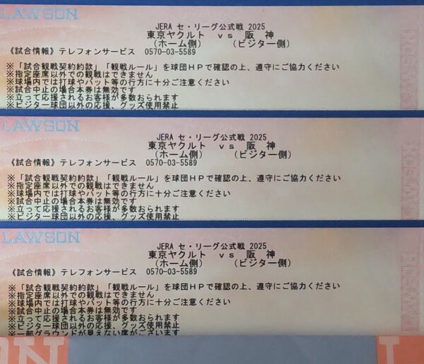【3枚セット】6月29日(日)東京ヤクルトスワローズ VS 阪神タイガース ビジター外野B指定席 レフト 阪神側 神宮球場