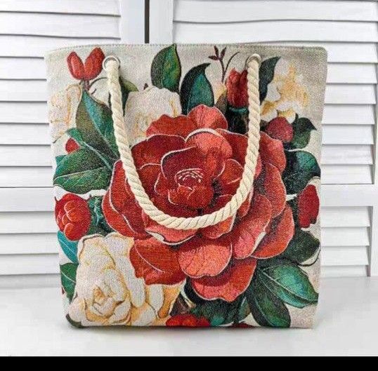 【新品】花柄刺繍柄トートバッグ可愛い買い物袋 トートバッグ 大きめ キャンバス40×46