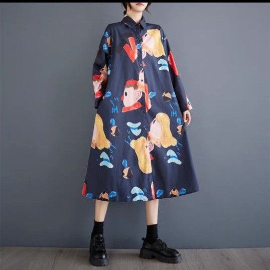 【新品】モード系大きいサイズ レディースゆったりロングワンピース 長袖薄手 春夏秋