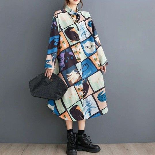 【新品】大きいサイズ長袖 体型カバーパッチワークアートプリントのロングシャツワンピース