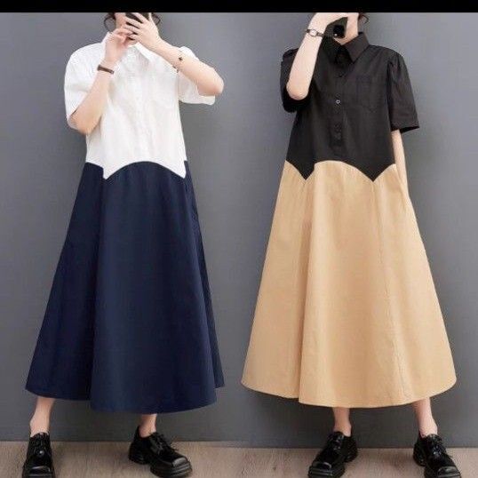 シンプル大きいサイズ レディースゆったりシャツロングワンピース半袖春夏