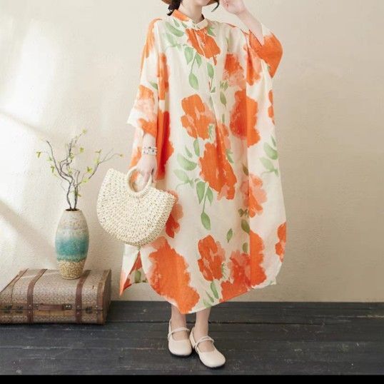 【新品】大きいサイズ レディースゆったりロングワンピース半袖 花柄薄手夏