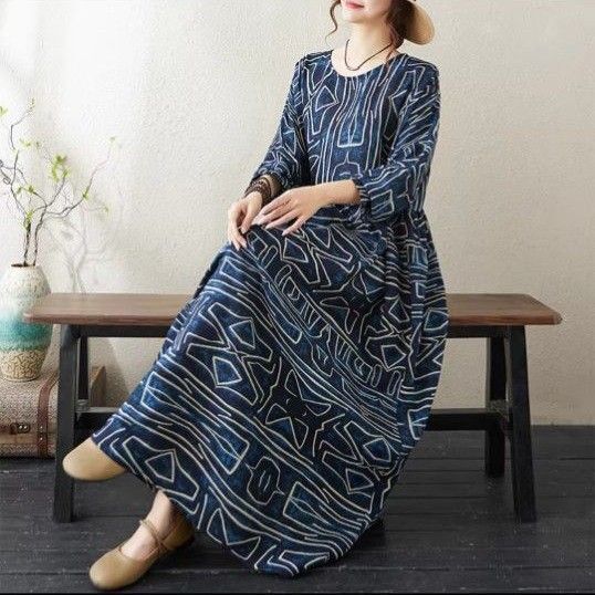 【新品】シンプル大きいサイズ レディースゆったりロングワンピース長袖 秋冬春