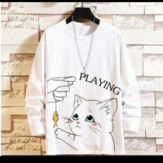 【新品】シンプル 猫ちゃん長袖シャツ ホワイト 男女兼用 ゆったり 綿