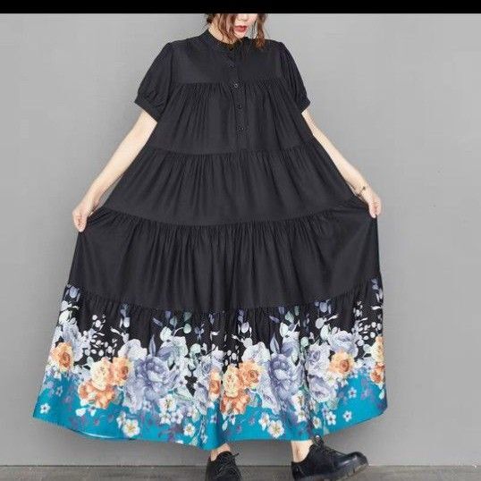 【新品】モード系大きいサイズ シャツロングワンピース半袖 黒 春夏秋