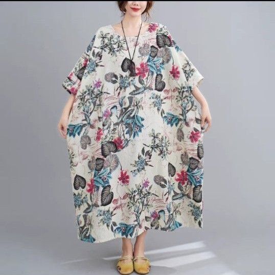 【新品】大きいサイズ レディースゆったりロングワンピース半袖 花柄綿麻薄手