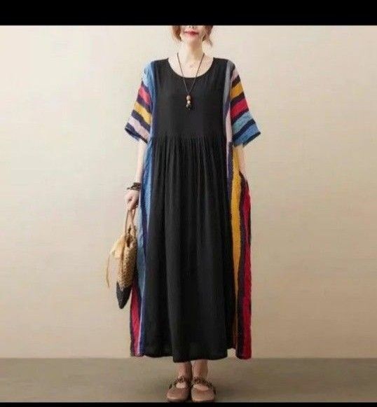 Y240545【新品】大きいサイズレディースゆったりロングワンピース民族風夏半袖薄手