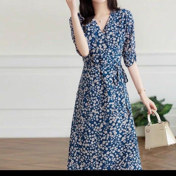 T2106-15【新品】 レディースロングワンピース 夏 韓国 花柄 通勤ワンピース