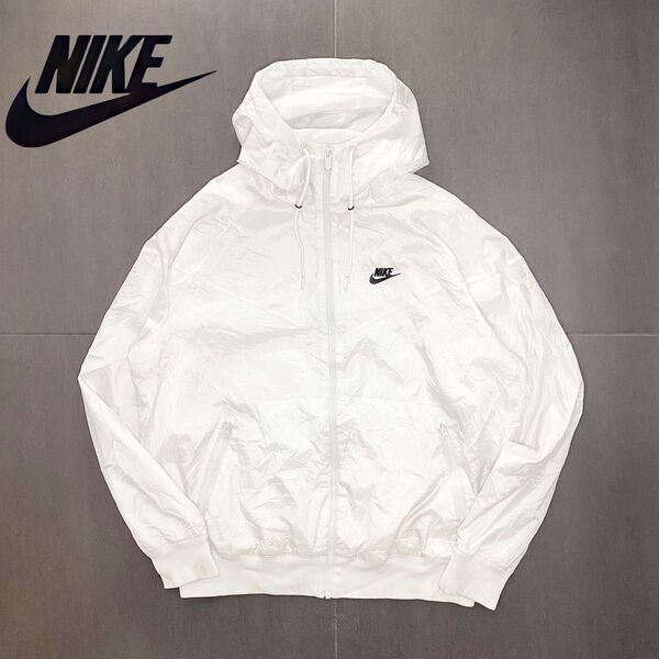 NIKE ナイキ ワンポイントロゴ ジップアップ ナイロンフーディジャケット パーカー ホワイト sizeM