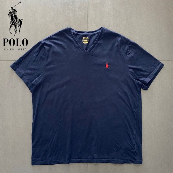 POLO RALPH LAUREN ポロラルフローレン Vネック レッドポニー カットソーTシャツ ネイビーsize L