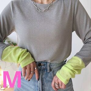 【新品】しまむら MAYO シアー配合プルオーバー グレー×ライムグリーン М