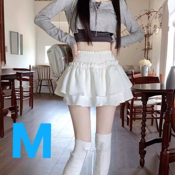 【訳あり】ミニスカート フリル インナーパンツ 韓国 ガーリー ホワイト М