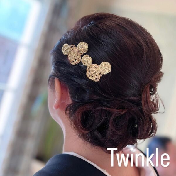【ハンドメイド】ミッキー&ミニーヘアコーム 水引きヘアアクセ ヘアアクセ 結婚式 ゴールド
