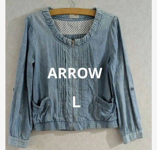 ARROW ダメージデニム風 薄手 コットン ジャケット L 羽織り 冷房対策 紫外線対策 長袖 ロールアップ袖