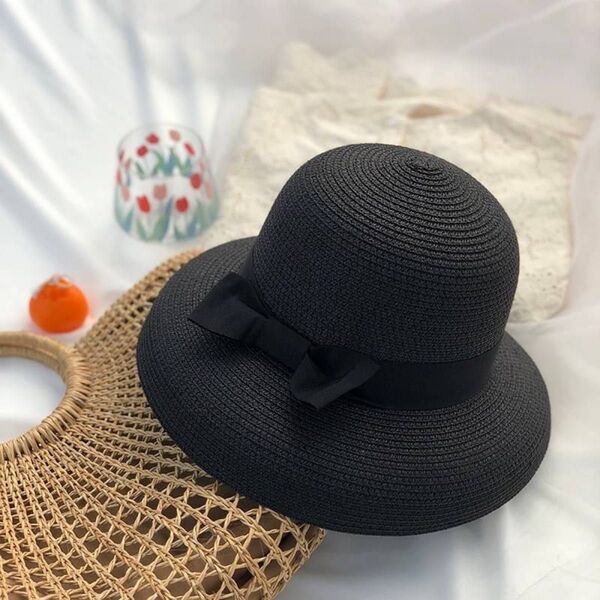 数量限定!帽子 日差し対策 シンプル 夏 日よけ帽子 つば広 麦わら蝶リボン ハット ブラック 小顔 おしゃれ
