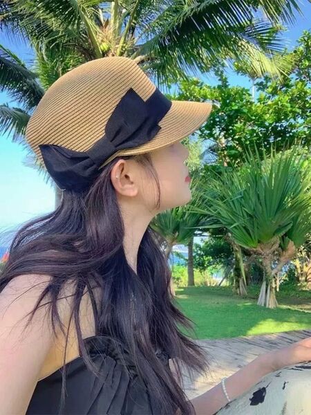 可愛い 夏 ストローハット 紫外線対策 麦わら帽子 女性用 リボン キャメル UVカット 小顔
