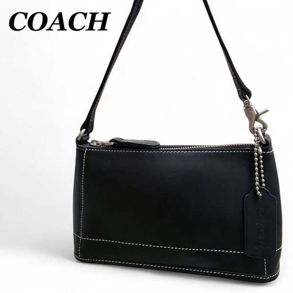 美品★COACH コーチ アクセサリーポーチ ブラックレザー 501-24 ハンドバッグ ワンハンドル オールドコーチ