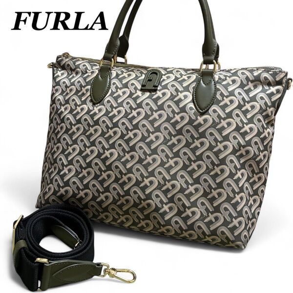 美品★FURLA フルラ CALIPSO トートバッグ 2way ナイロン 総柄 ショルダーバッグ ミニボストン