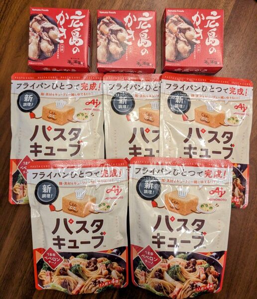 詰め合わせ 5袋味の素パスタキューブ うま辛ペペロンチーノ 3缶牡蠣の缶詰 広島のかき水煮 まとめ