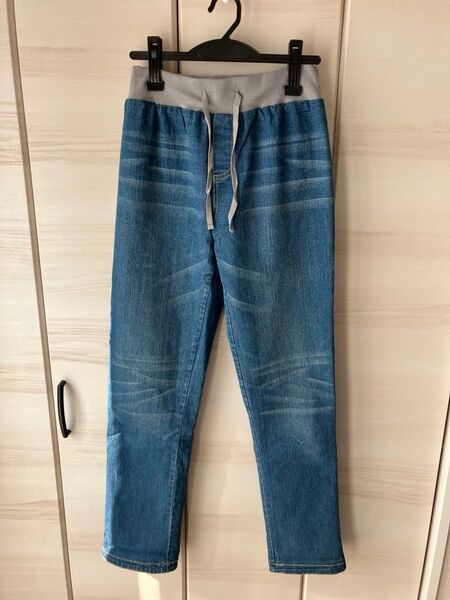下半身痩せ サウナデニムパンツ ウエストゴム ブルー 総丈104 股下78 L〜LL