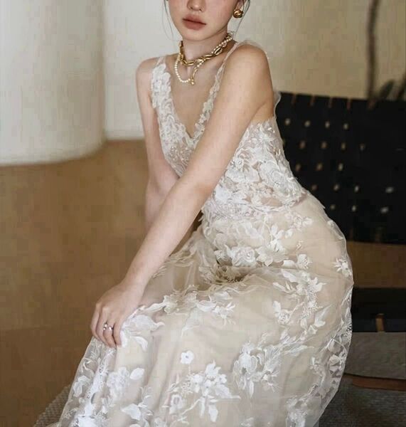 ソフトマーメイド 結婚式 二次会 前撮り ロング 花柄 ウェディングドレス M レース花柄 ワンピース シースルー