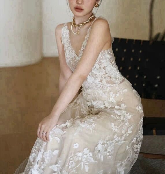 ソフトマーメイド 結婚式 二次会 前撮り ロング 花柄 ウェディングドレス M レース花柄 ワンピース シースルー