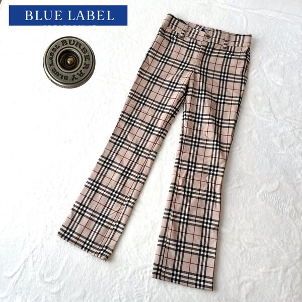 【美品】BURBERRY バーバリー ブルーレーベル ノバチェック パンツ ボトムス スラックス 大きめ L ベージュ 銀ボタン