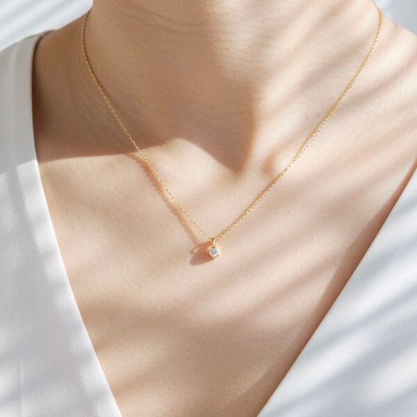 №102 一粒ダイヤ CZ ネックレス サージカルステンレス316L K18仕上げ 金属アレルギー◎ジルコニア つけっぱなしOK!