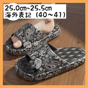 【40-41/25~25.5】ペイズリー バンダナ シャワーサンダル ブラック 歩きやすい 通気性