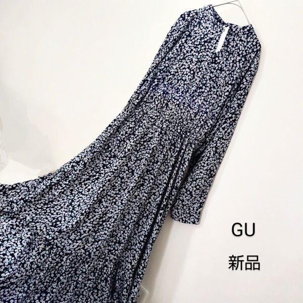 新品未使用タグ付き GU ジーユー フラワースタンドカラーワンピース 長袖 ネイビー XL