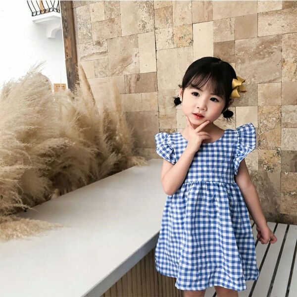 キッズワンピース フリル ギンガムチェック 子供服 ノースリーブ 女の子