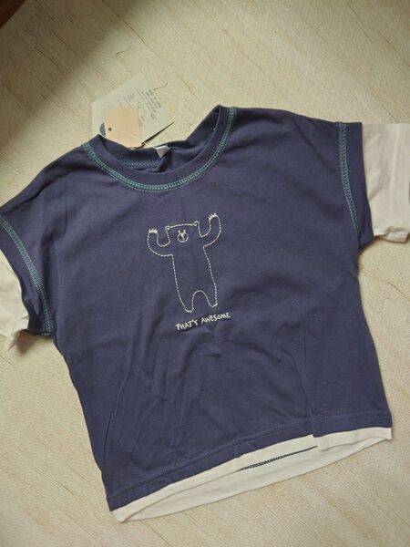 半袖 Tシャツ くま 重ね着風 チャコール 綿100
