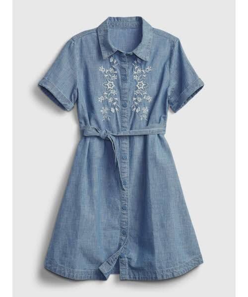 新品 タグ付き GAP KIDS 刺繍入り デニム シャツワンピース ブルー 未使用 コットン 120 女の子 ガールズ