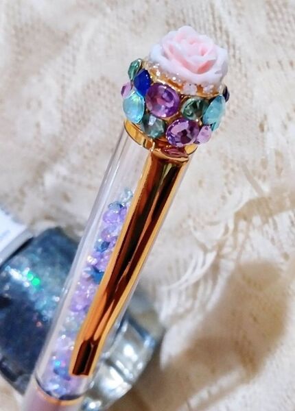 オリジナルボールペン シルバー 銀色 ブルー 金色 ゴールド 薔薇 ローズ デコレーション 油性 黒インク 0.7㎜ プレゼント