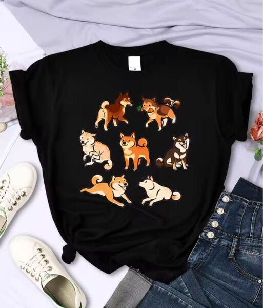 最終価格!沢山の柴犬 tシャツ レディース 女性 ブラック 黒 Mサイズ