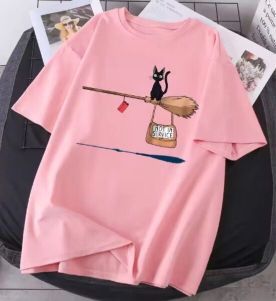 魔女の宅急便 黒猫ジジ 半袖tシャツ レディース女性 ピンク Mサイズ