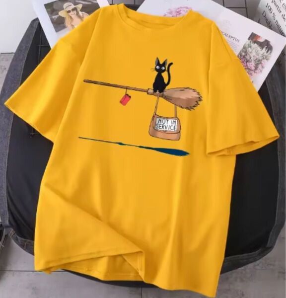 魔女の宅急便 黒猫ジジ 半袖tシャツ レディース女性 黄色 イエロー Mサイズ