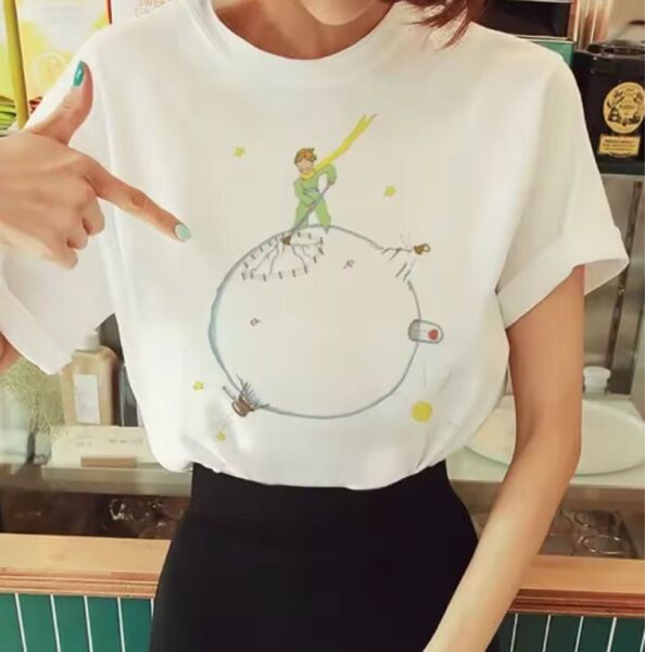 星の王子さま 本の挿絵 火山の煤払い 半袖tシャツ レディース女性 ホワイト Mサイズ