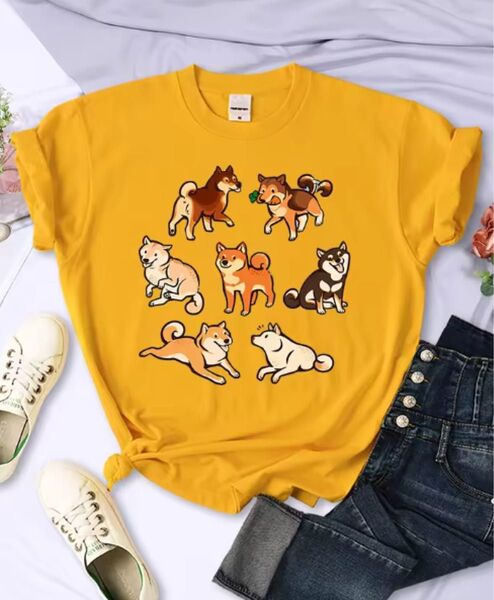 最終価格!沢山の柴犬 tシャツ レディース 女性 黄色 イエロー Mサイズ