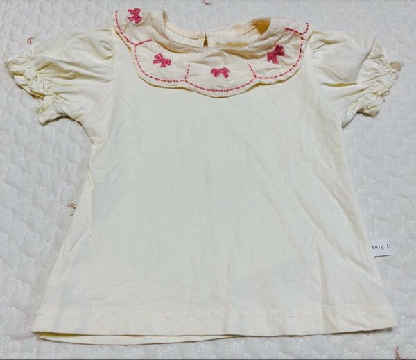 韓国子供服 リボン刺繍襟 半袖Tシャツ 100サイズ