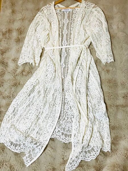 ローリンズファーム 総レース ロングカーディガン M