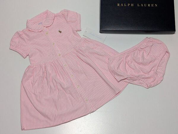 値下げ!新品未使用 箱付★Ralph Lauren 半袖ワンピース(パンツ付)90サイズ 24M★ピンク×白ストライプ/胸刺繍