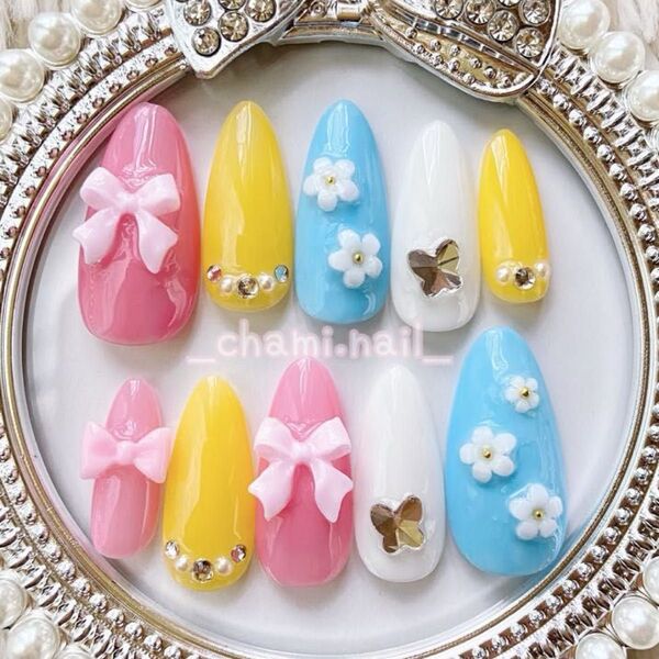 リボン 蝶 花 カラフル ネイルチップ No.15 現品