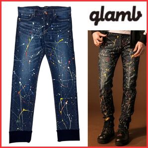 新品タグ付き GLAMB by glamb グラム ペイント ペンキ 加工 ストレッチ デニム ジョガー パンツ インディゴ 3