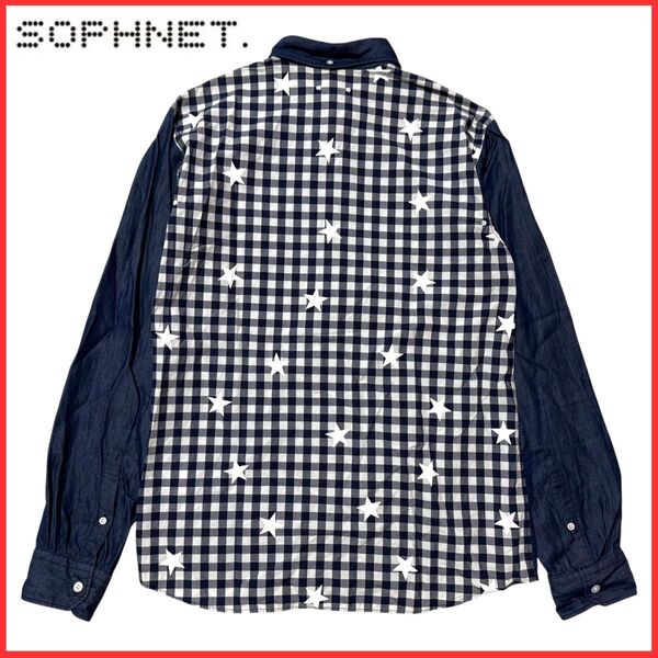 SOPHNET ソフ インディゴ シャンブレー スター プリント パネル チェック 切替 長袖 BD ボタンダウン シャツ M