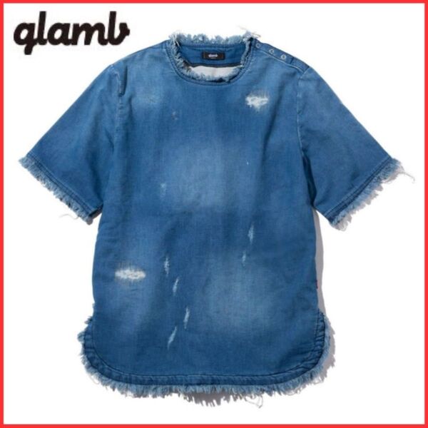 glamb グラム ダメージ リペア 加工 ストレッチ デニム プルオーバー シャツ Tシャツ 半袖 カットソー インディゴ M