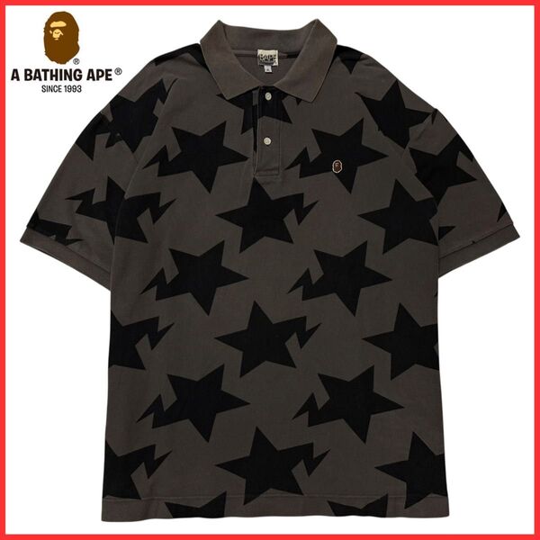 ★サイズXL★ APE BAPE エイプ ベイプ スター 星 総柄 サル顔 猿顔 ロゴ ワッペン 半袖 ポロシャツ カットソー